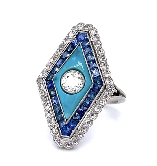 .44ct Old Euro Diamond 2.01ct Sapphire PT Handmade Ring .37ct SD Turquoise
