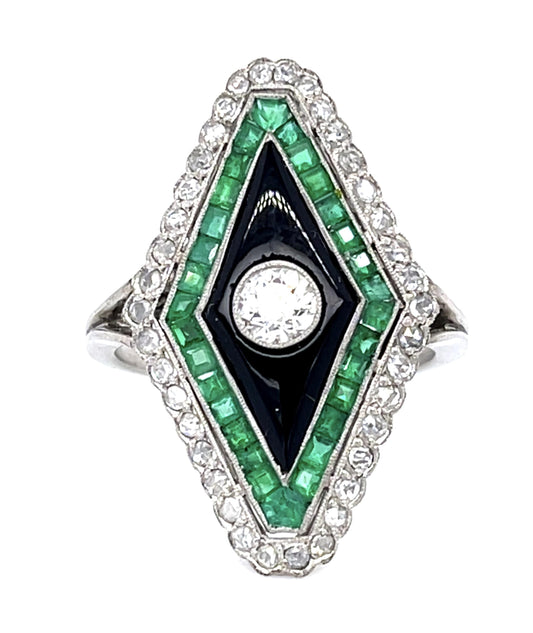 .34ct Old Euro Diamond 1.07ct Emerald Handmade PT Ring .33ct SD Onyx