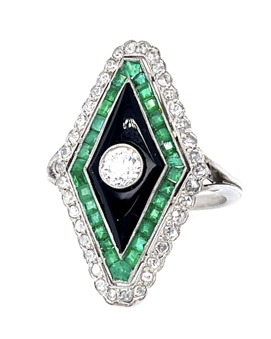 .34ct Old Euro Diamond 1.07ct Emerald Handmade PT Ring .33ct SD Onyx