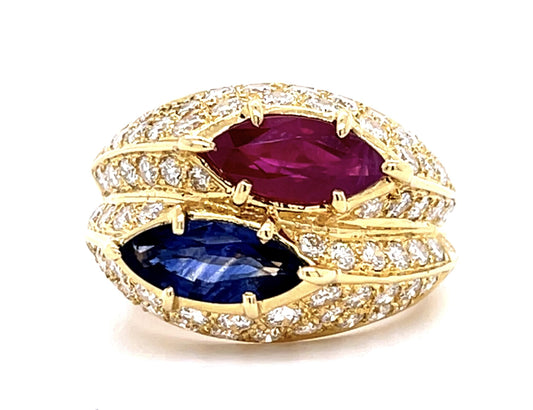 .91ct Ruby .95ct Sapphire 1.50ct Dia 18KY Double Ring (Estate 1970s)