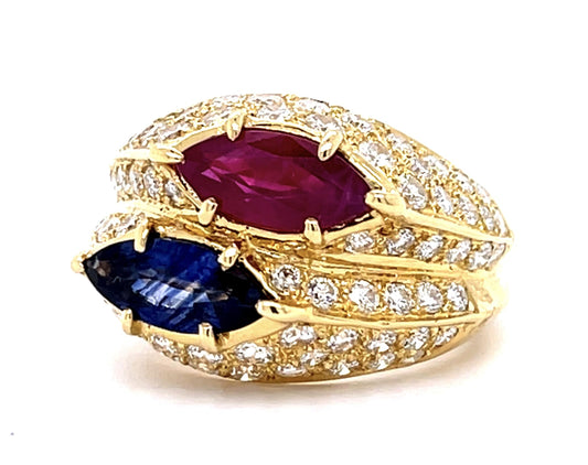 .91ct Ruby .95ct Sapphire 1.50ct Dia 18KY Double Ring (Estate 1970s)