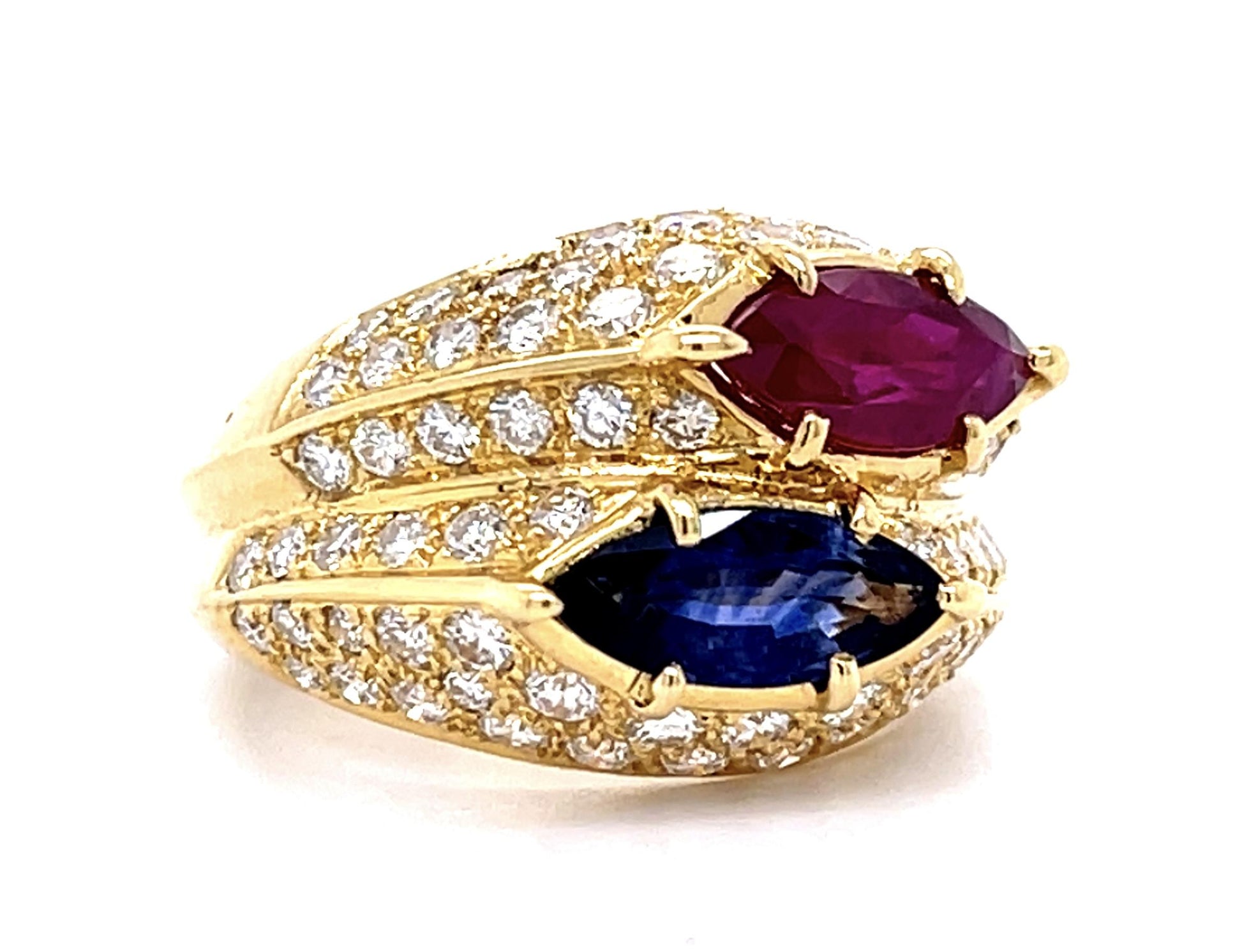 .91ct Ruby .95ct Sapphire 1.50ct Dia 18KY Double Ring (Estate 1970s)