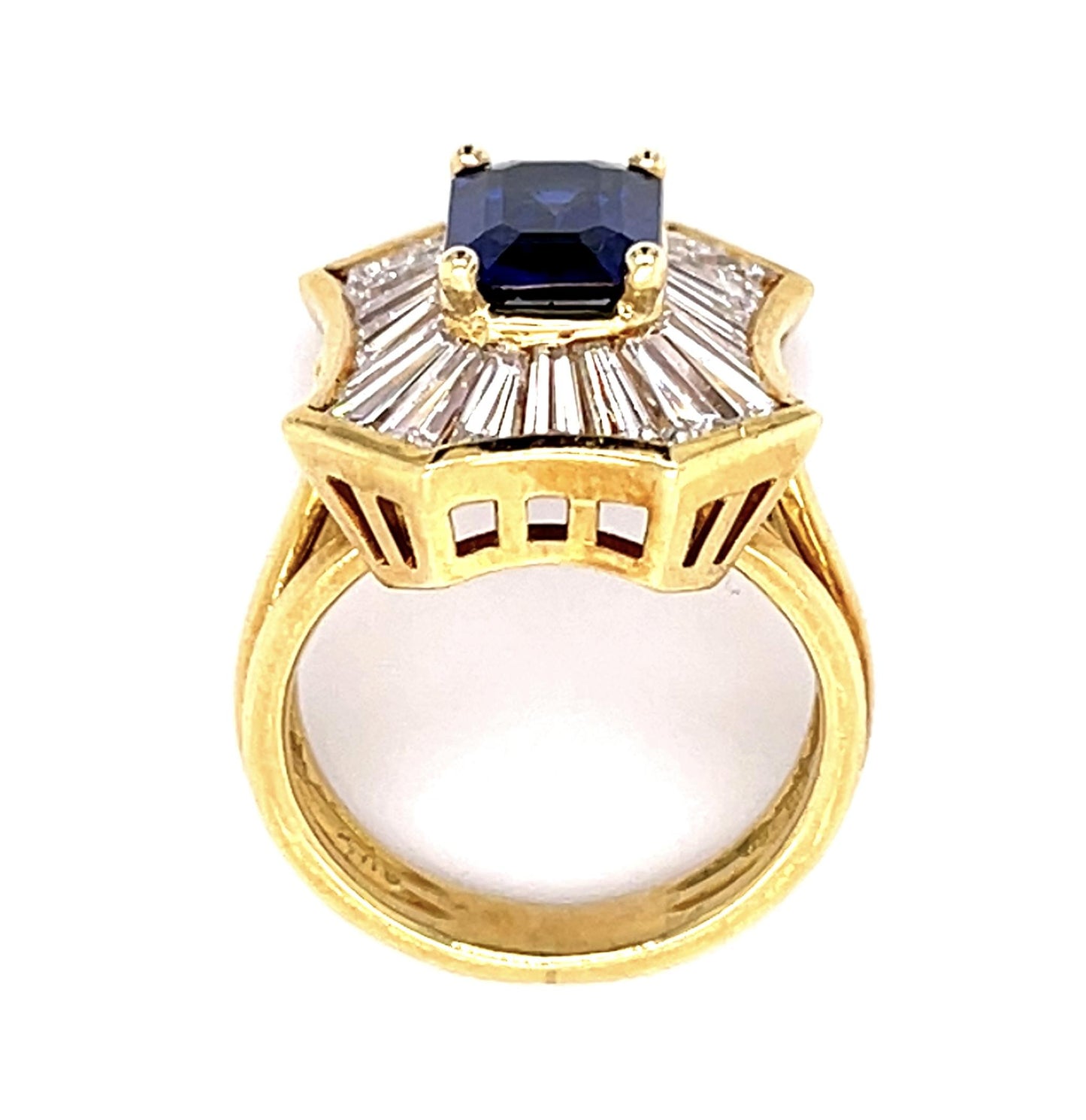 2.04ct Sapphire 1.98ct Baguette Dia 18KY Ring (Vintage 1970s)