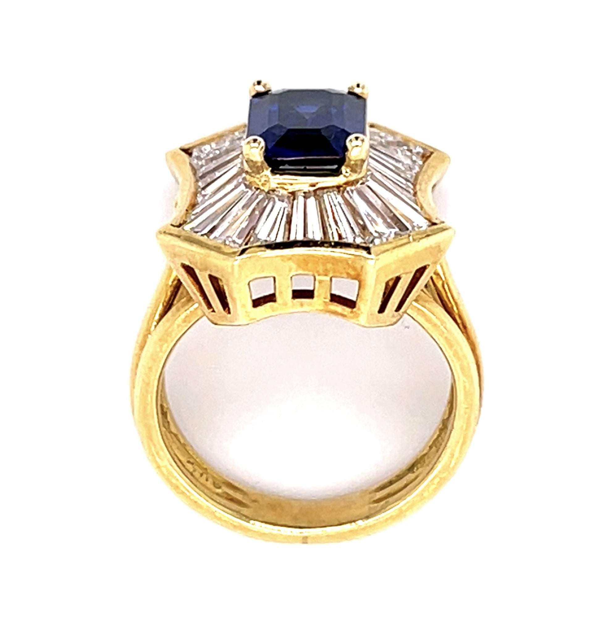 2.04ct Sapphire 1.98ct Baguette Dia 18KY Ring (Vintage 1970s)