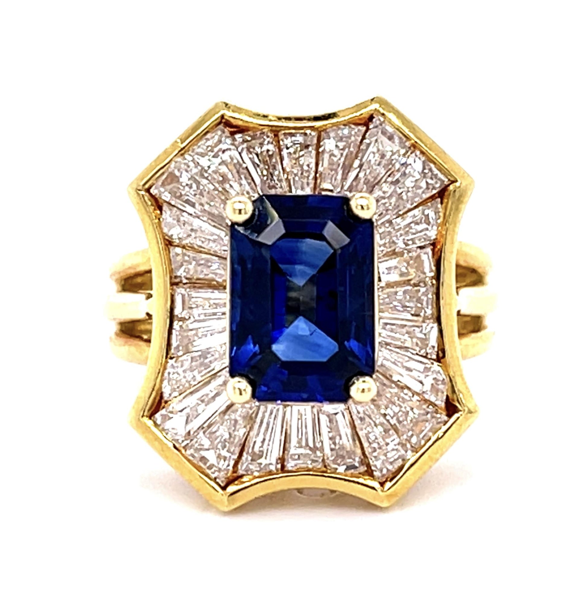 2.04ct Sapphire 1.98ct Baguette Dia 18KY Ring (Vintage 1970s)