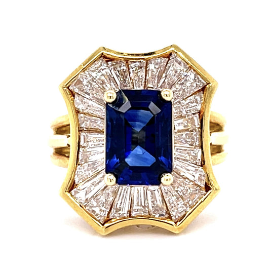 2.04ct Sapphire 1.98ct Baguette Dia 18KY Ring (Vintage 1970s)