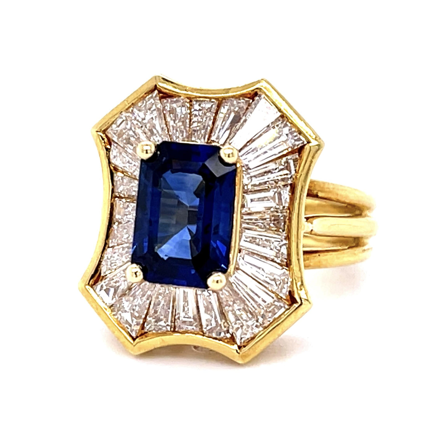 2.04ct Sapphire 1.98ct Baguette Dia 18KY Ring (Vintage 1970s)