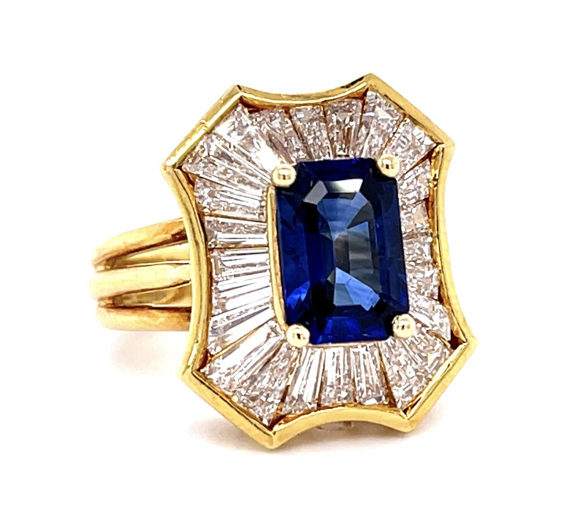 2.04ct Sapphire 1.98ct Baguette Dia 18KY Ring (Vintage 1970s)