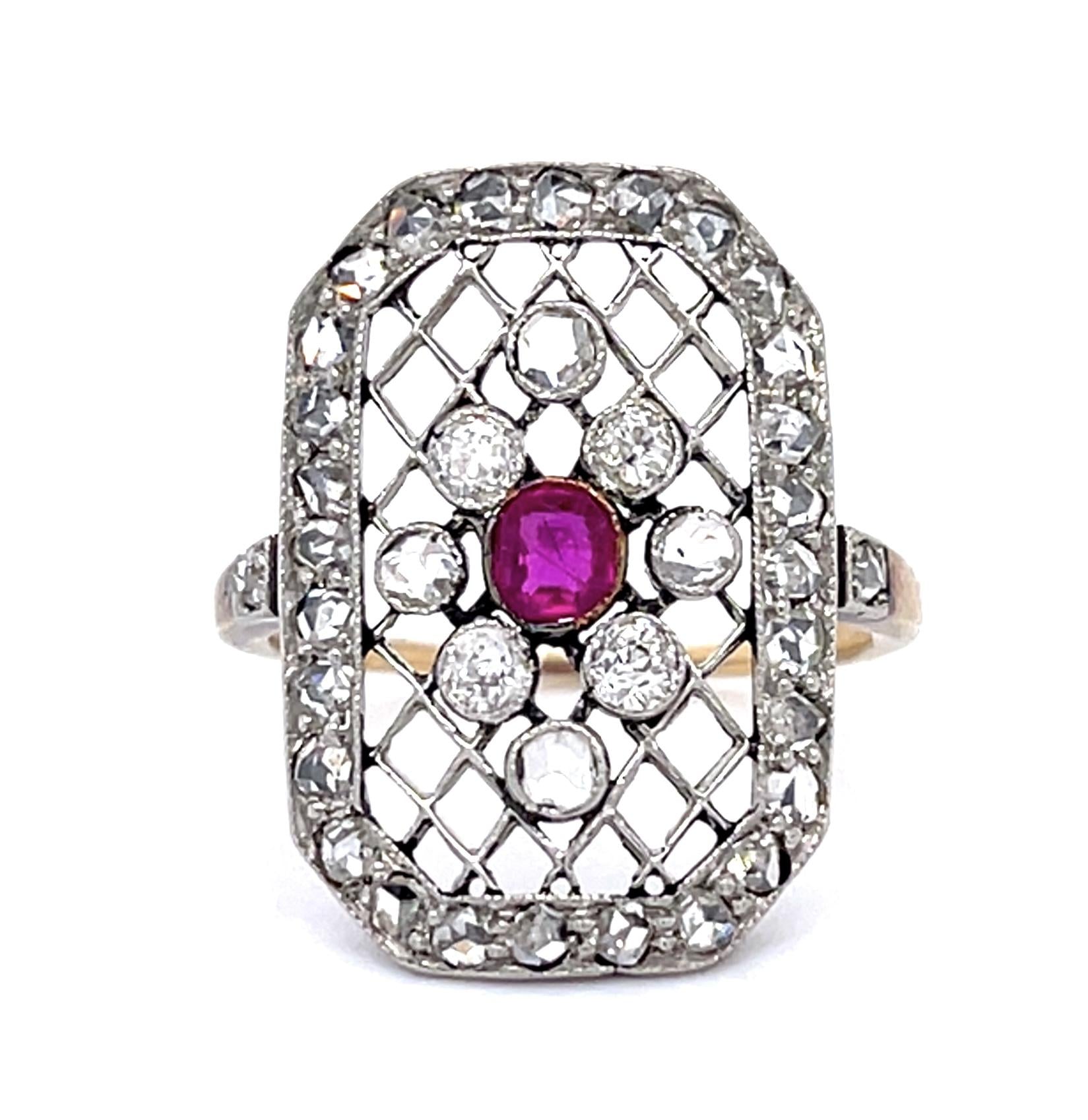 Original Edwardian .25ct Ruby 1.70ct Diamond PT+14KY Ring (Antique 1900s)