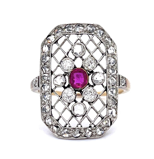Original Edwardian .25ct Ruby 1.70ct Diamond PT+14KY Ring (Antique 1900s)