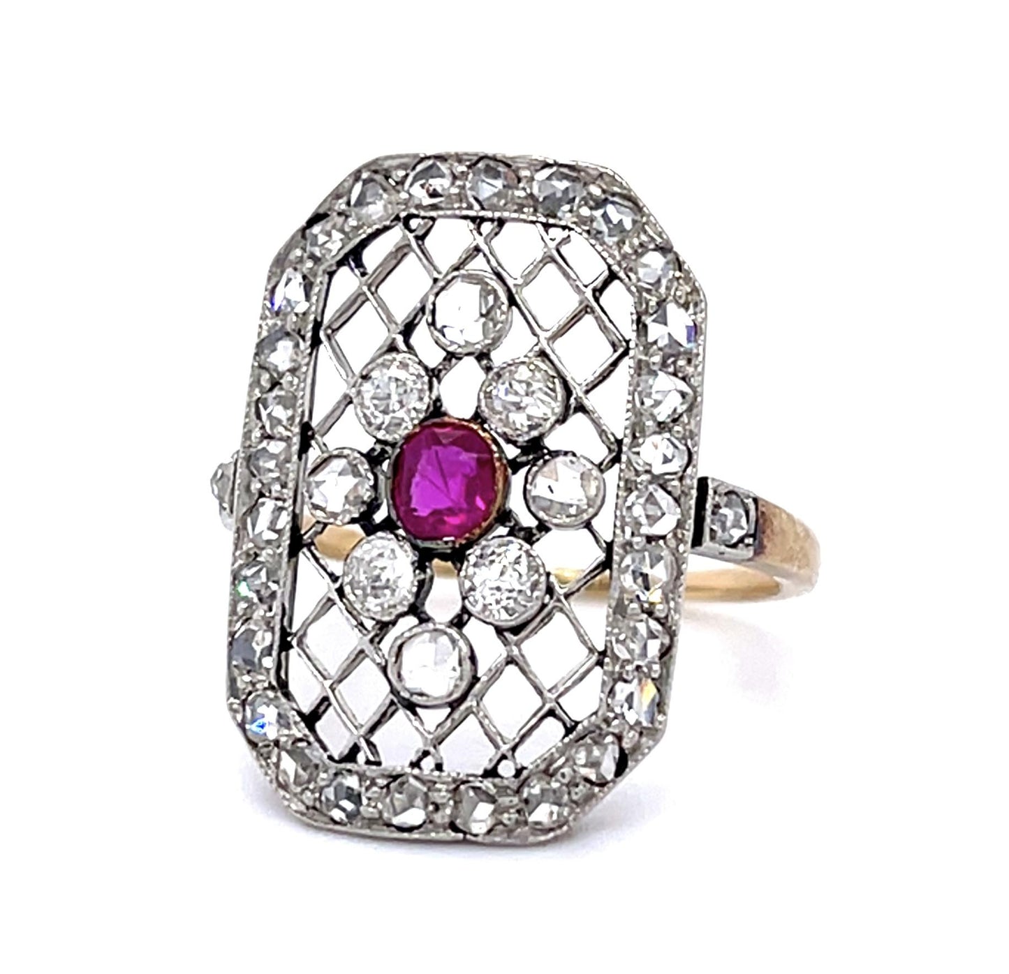 Original Edwardian .25ct Ruby 1.70ct Diamond PT+14KY Ring (Antique 1900s)