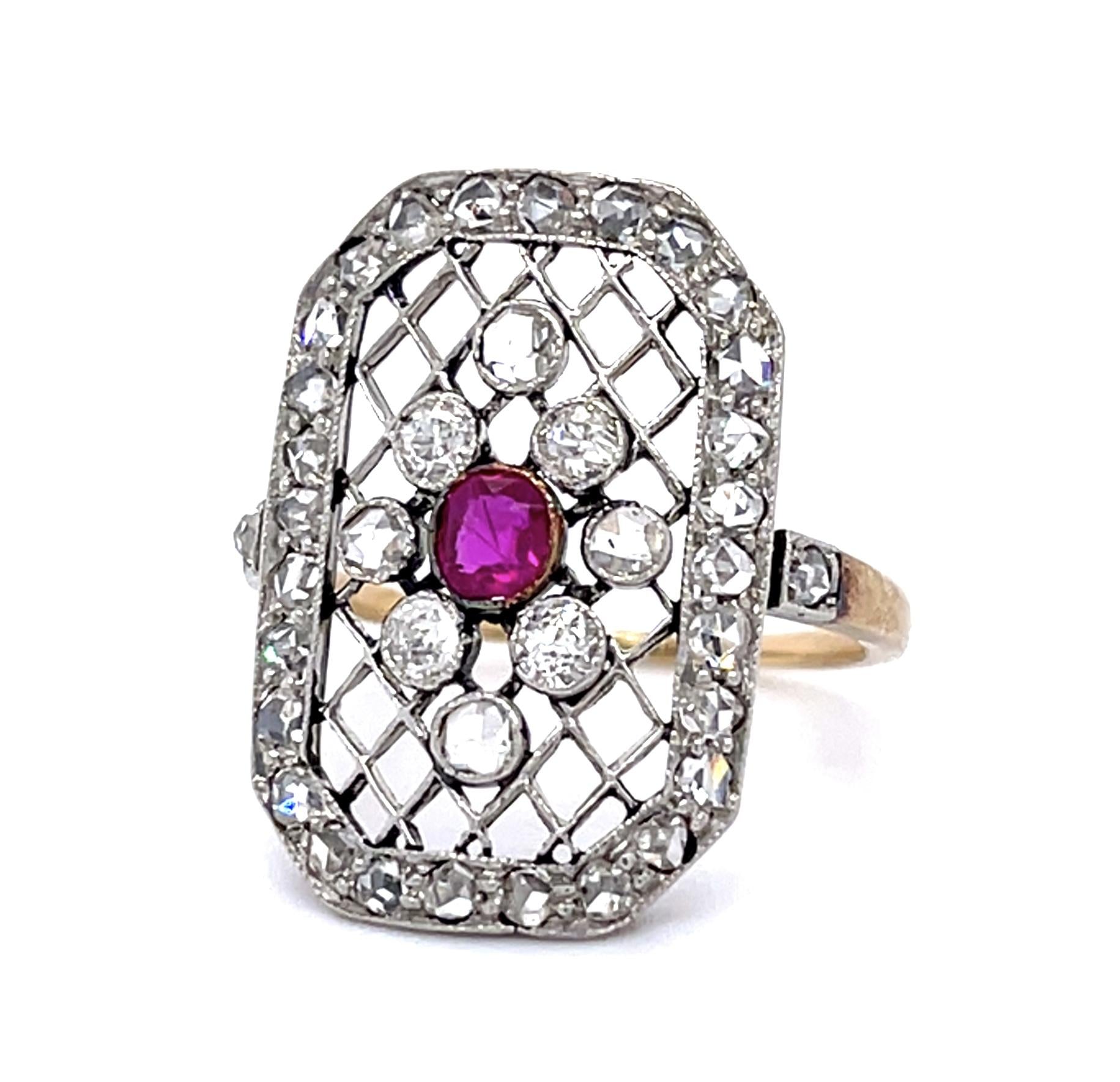 Original Edwardian .25ct Ruby 1.70ct Diamond PT+14KY Ring (Antique 1900s)