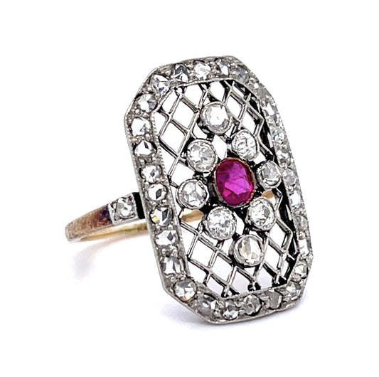 Original Edwardian .25ct Ruby 1.70ct Diamond PT+14KY Ring (Antique 1900s)