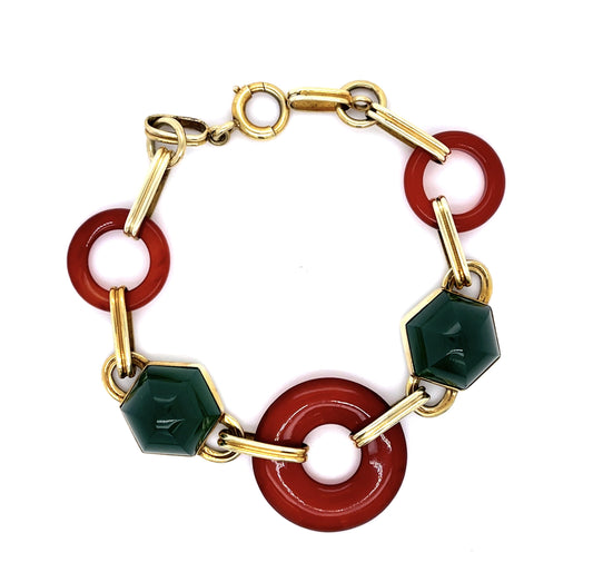 Original Art Deco Hexagon Chrysophase + Carnelian Bracelet (Vintage 1930s)