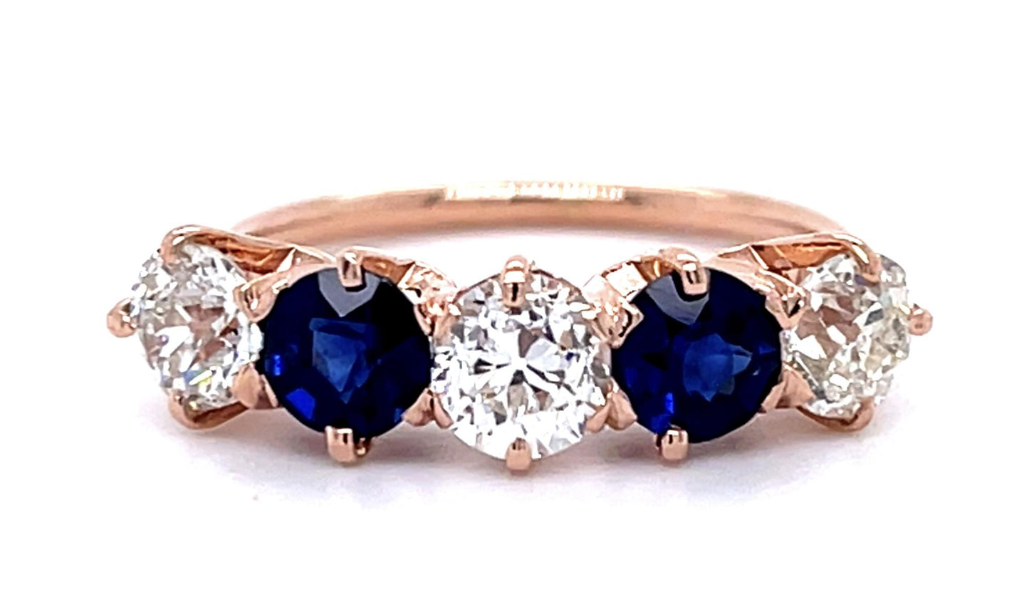 Original Victorian 1.38ct Diamond .80ct Sapphire 14KY Five Stone Ring
