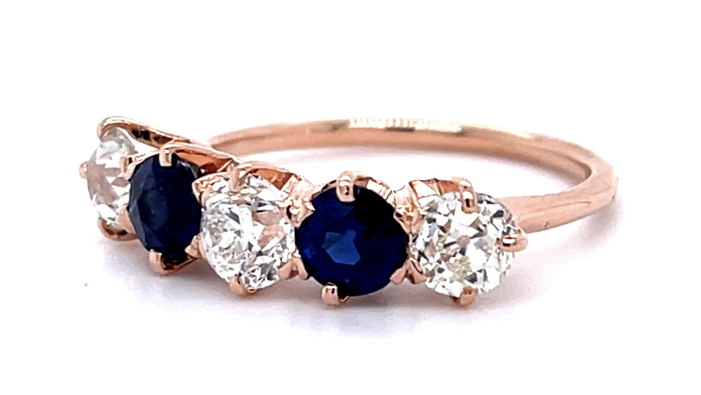 Original Victorian 1.38ct Diamond .80ct Sapphire 14KY Five Stone Ring