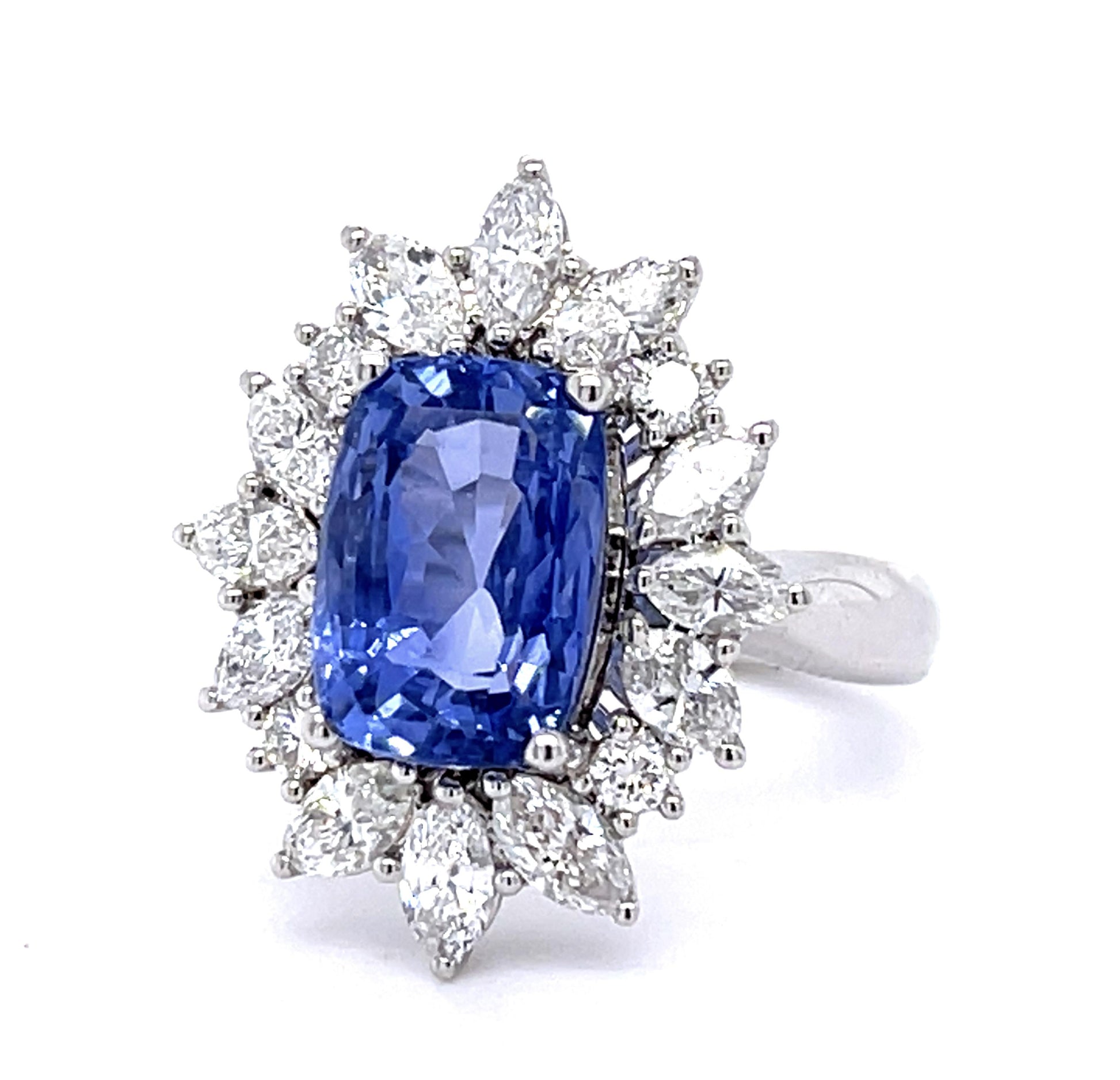 5.33ct Ceylon Sapphire 1.42ct Diamond 18KW Ring (Estate 1970s) GIA Certified