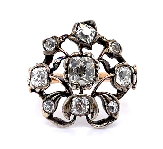 Original Victorian .35ct Old Mine Center Diamond 14K+Silver Ring (Antique 1880s)