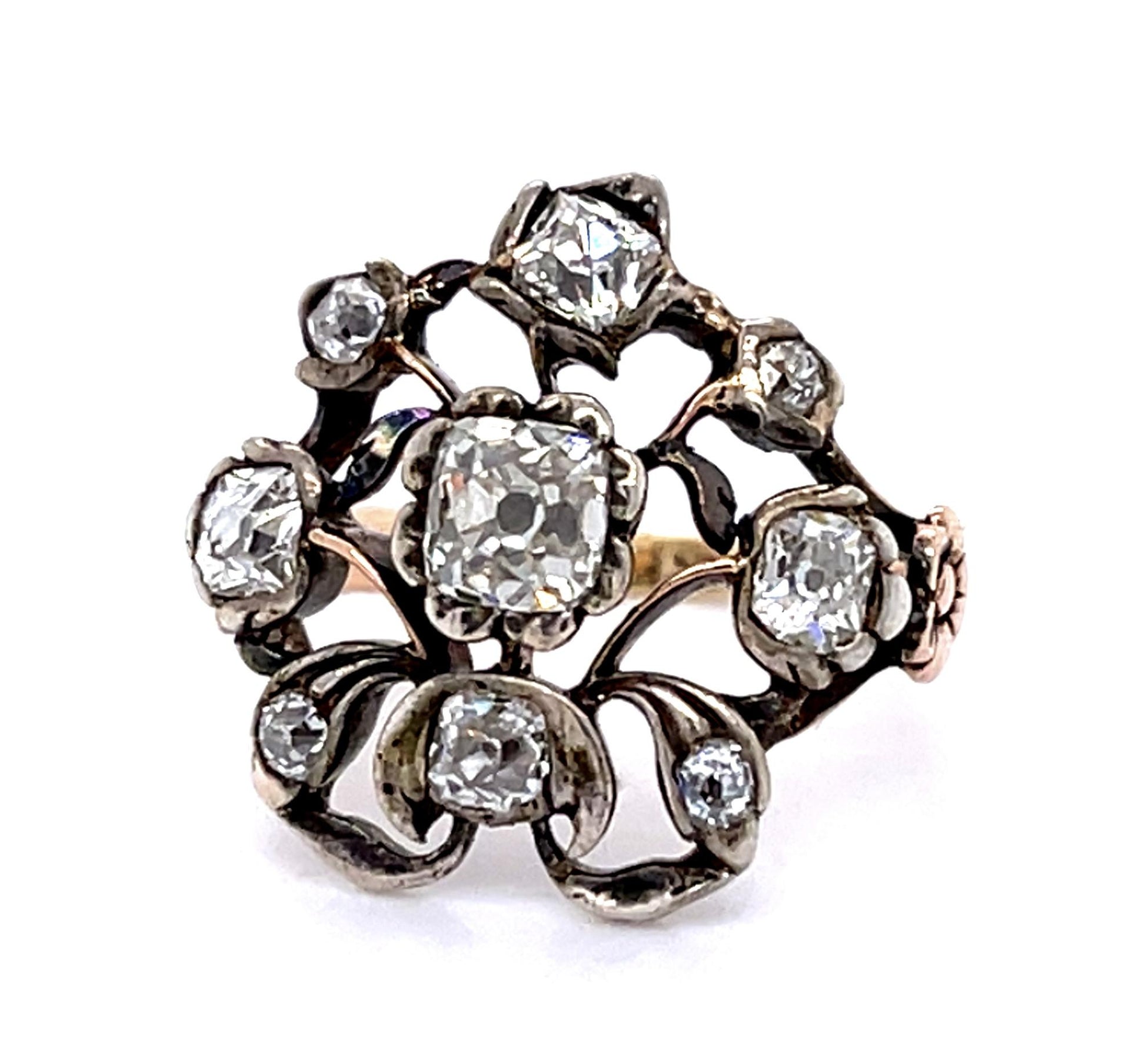 Original Victorian .35ct Old Mine Center Diamond 14K+Silver Ring (Antique 1880s)