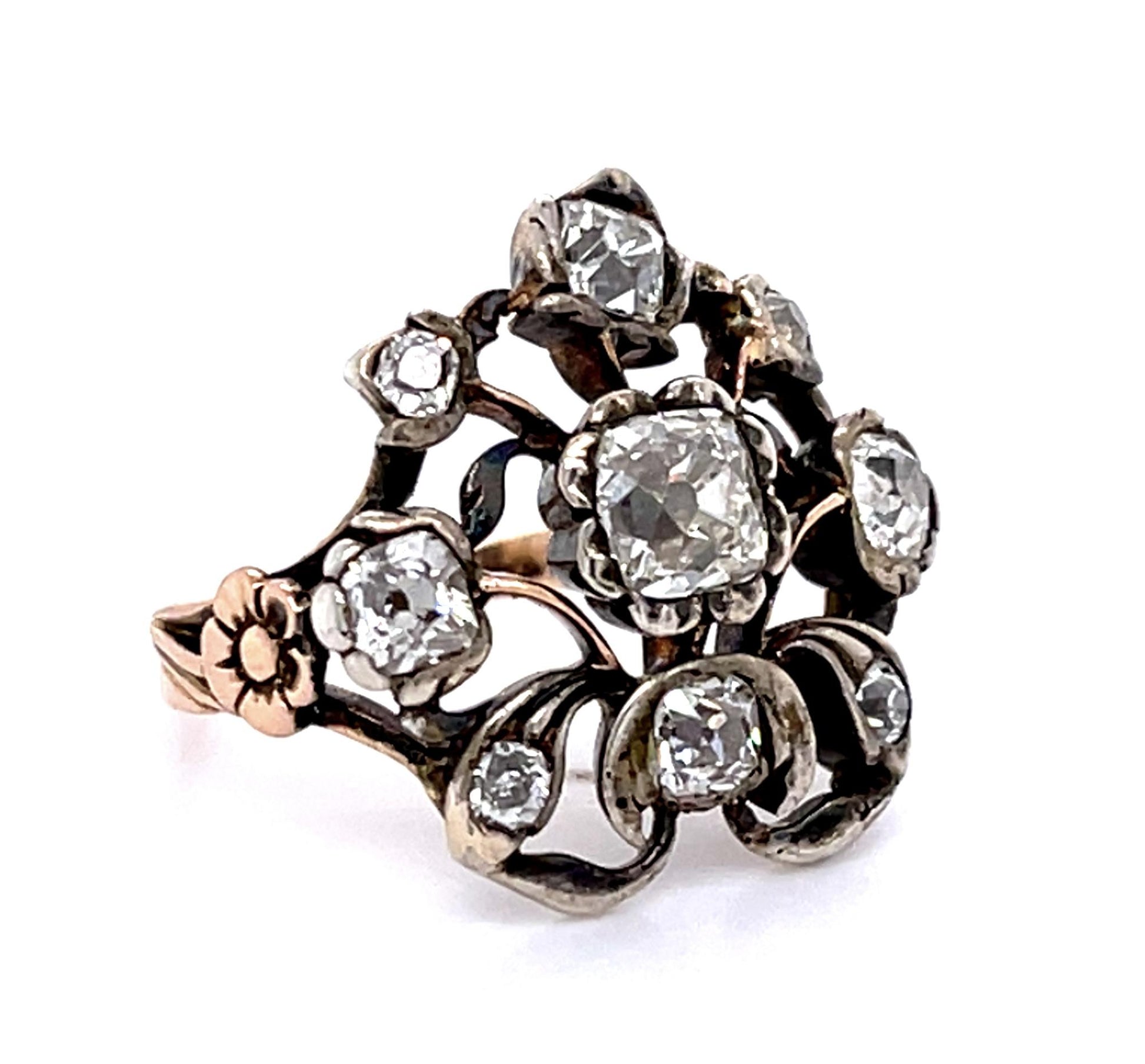 Original Victorian .35ct Old Mine Center Diamond 14K+Silver Ring (Antique 1880s)