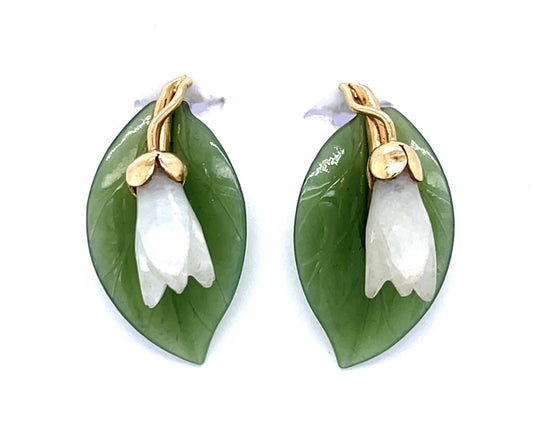 Original Hand Carved Jade 14KY Leaf/Flower Earrings (Vintage 1940s)
