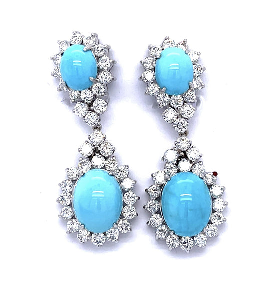 Turquoise + 4.50ct Diamond 14KW Drop Earrings (Vintage 1960s) 13.09g 1.75"