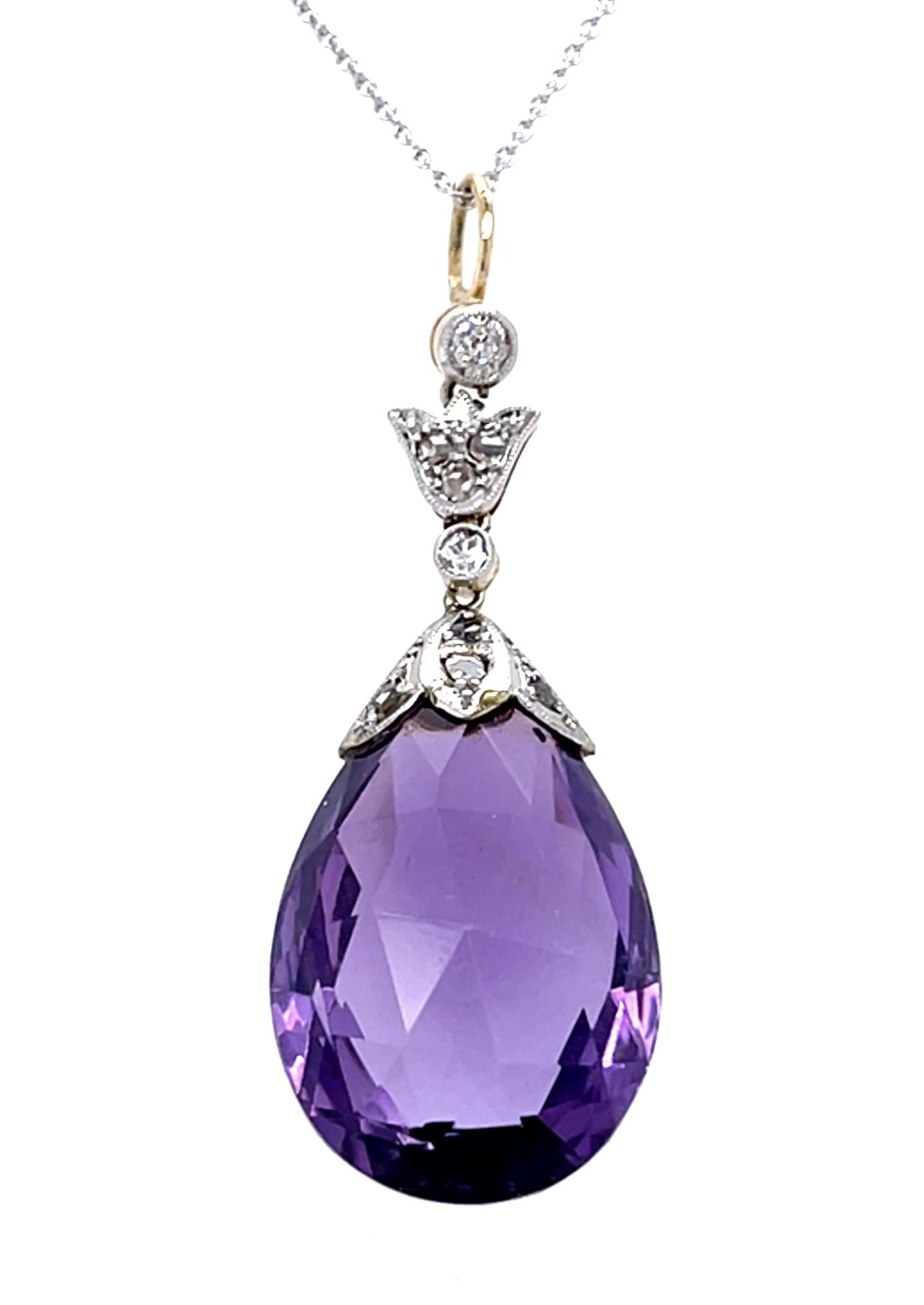 Edwardian 25ct Checkered Amethyst .30ct Diamond PT+14KY Pendant (Antique 1900s)