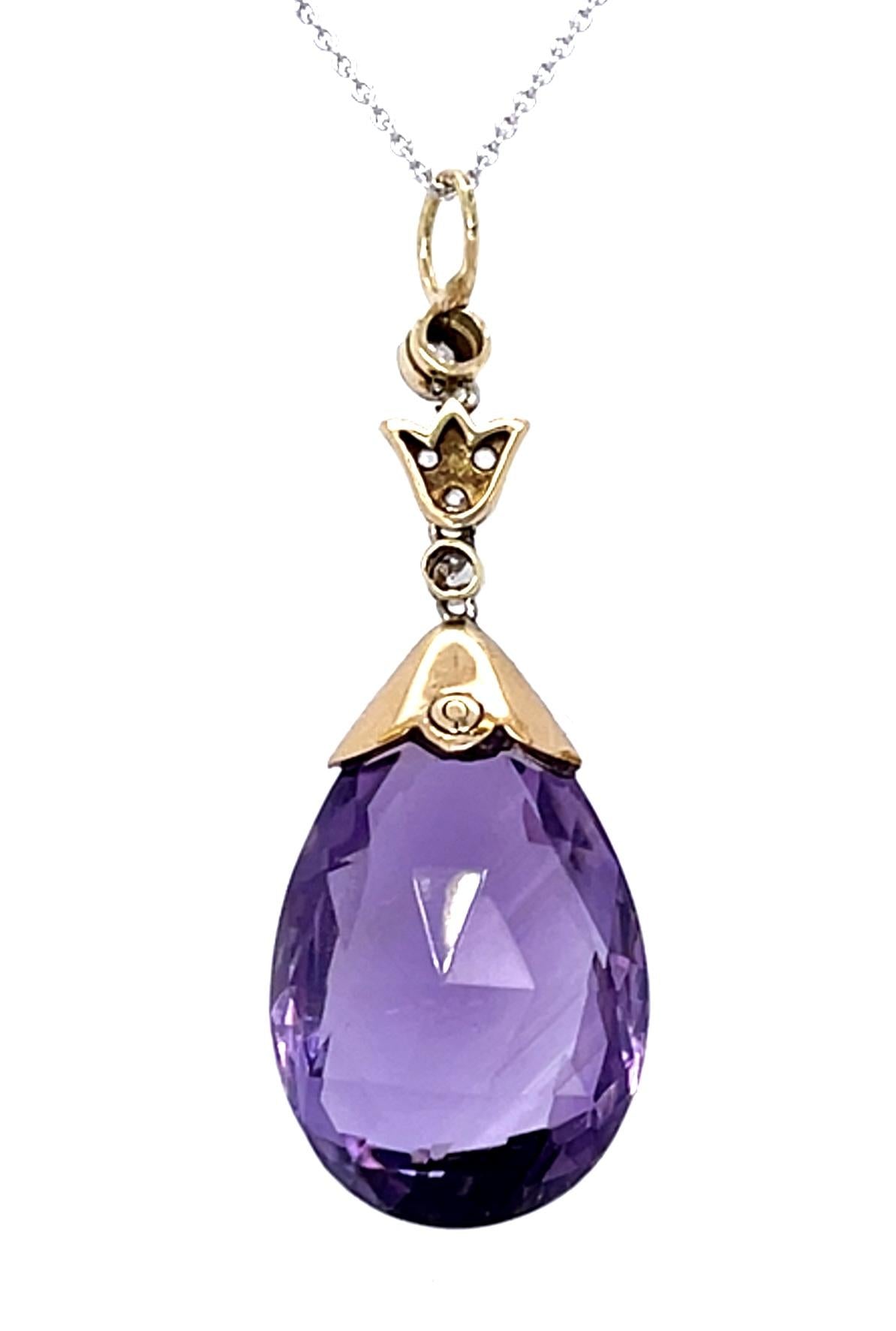 Edwardian 25ct Checkered Amethyst .30ct Diamond PT+14KY Pendant (Antique 1900s)