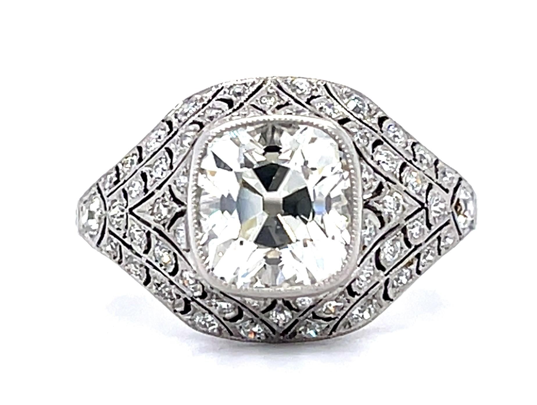 2.14ct Antique Cushion Diamond PT Handmade Ring .75ct SD