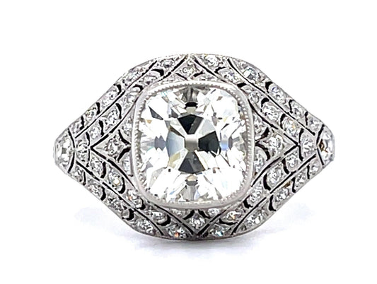 2.14ct Antique Cushion Diamond PT Handmade Ring .75ct SD