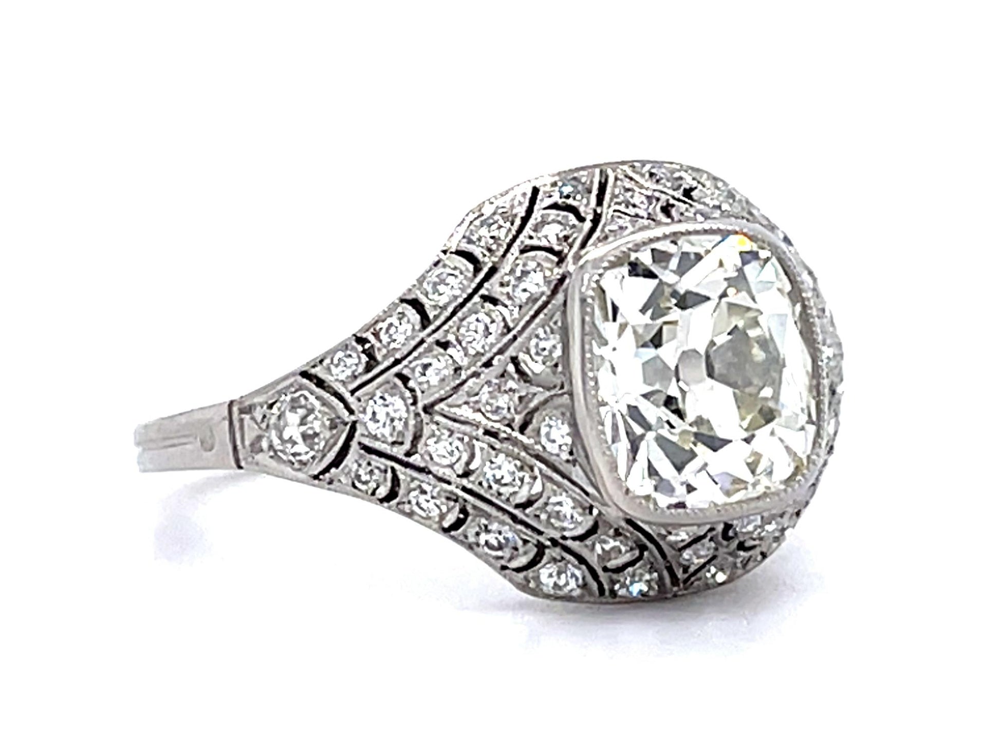 2.14ct Antique Cushion Diamond PT Handmade Ring .75ct SD