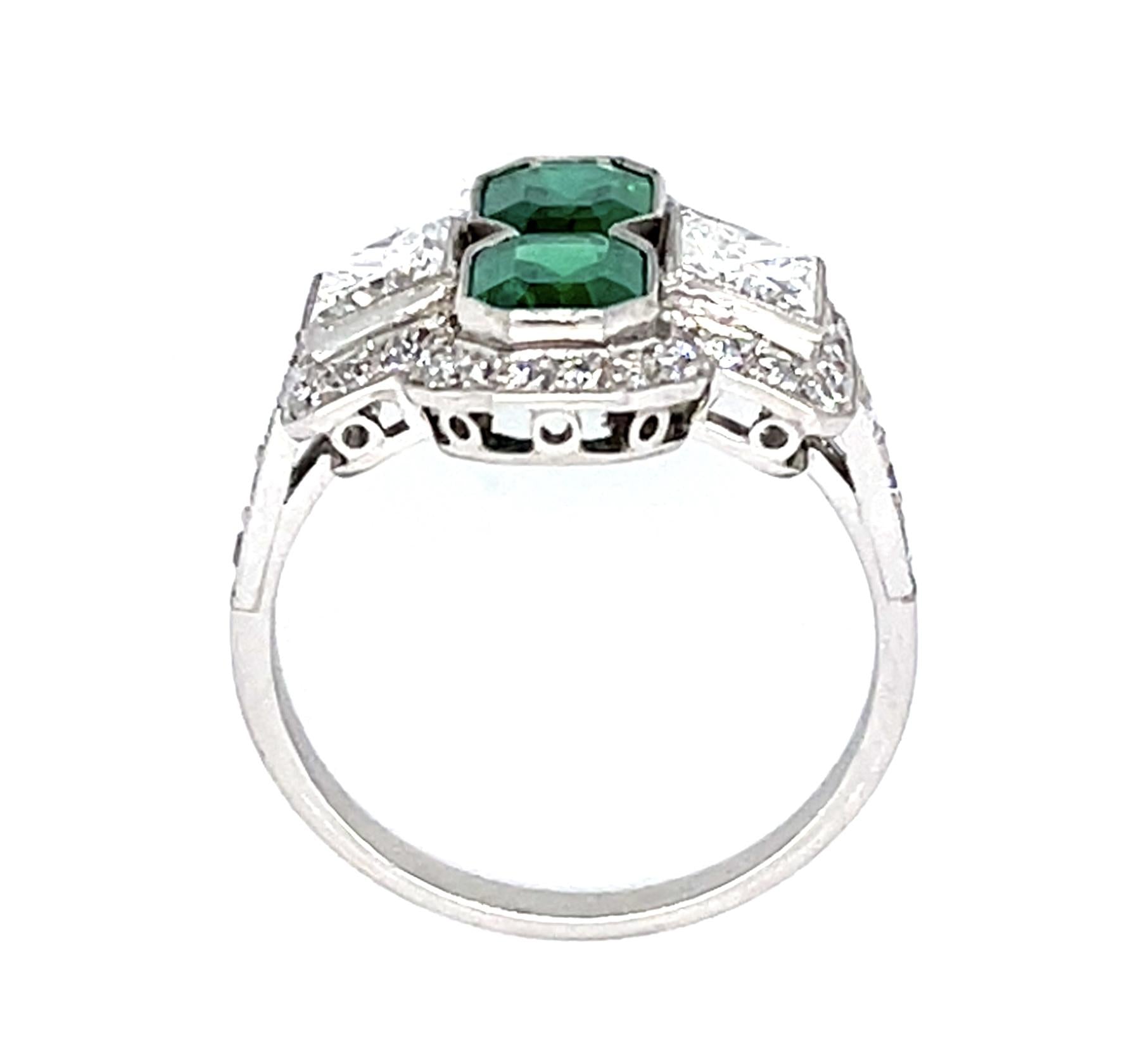 1.10ct Emerald 1.15ct (2 Princess Diamonds) Platinum Handmade Ring .51ct SD