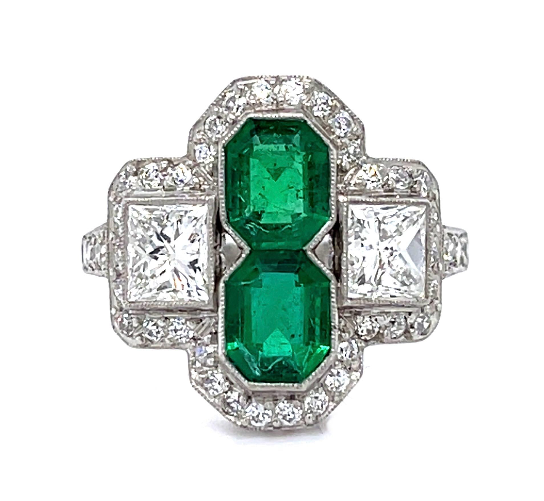 1.10ct Emerald 1.15ct (2 Princess Diamonds) Platinum Handmade Ring .51ct SD