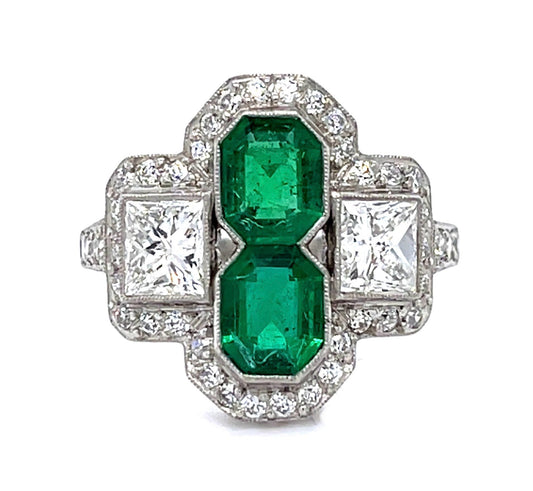 1.10ct Emerald 1.15ct (2 Princess Diamonds) Platinum Handmade Ring .51ct SD