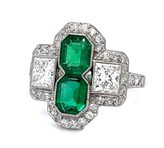 1.10ct Emerald 1.15ct (2 Princess Diamonds) Platinum Handmade Ring .51ct SD