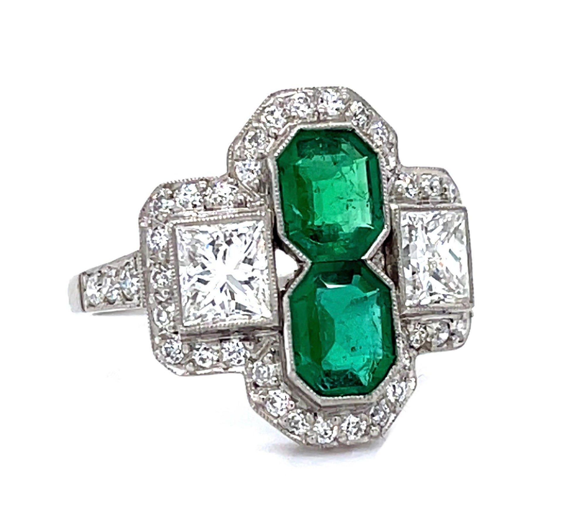 1.10ct Emerald 1.15ct (2 Princess Diamonds) Platinum Handmade Ring .51ct SD