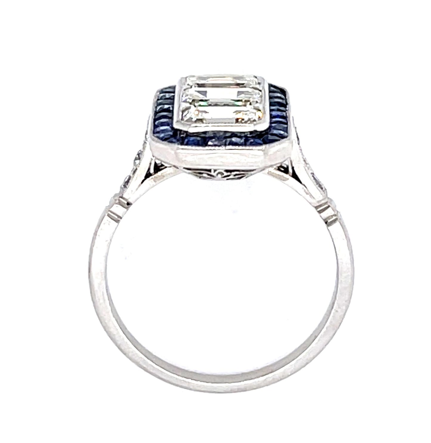 1.85ct Emerald-cut Diamonds 1ct (28 Sapphires) PT Handmade Ring .13ct SD