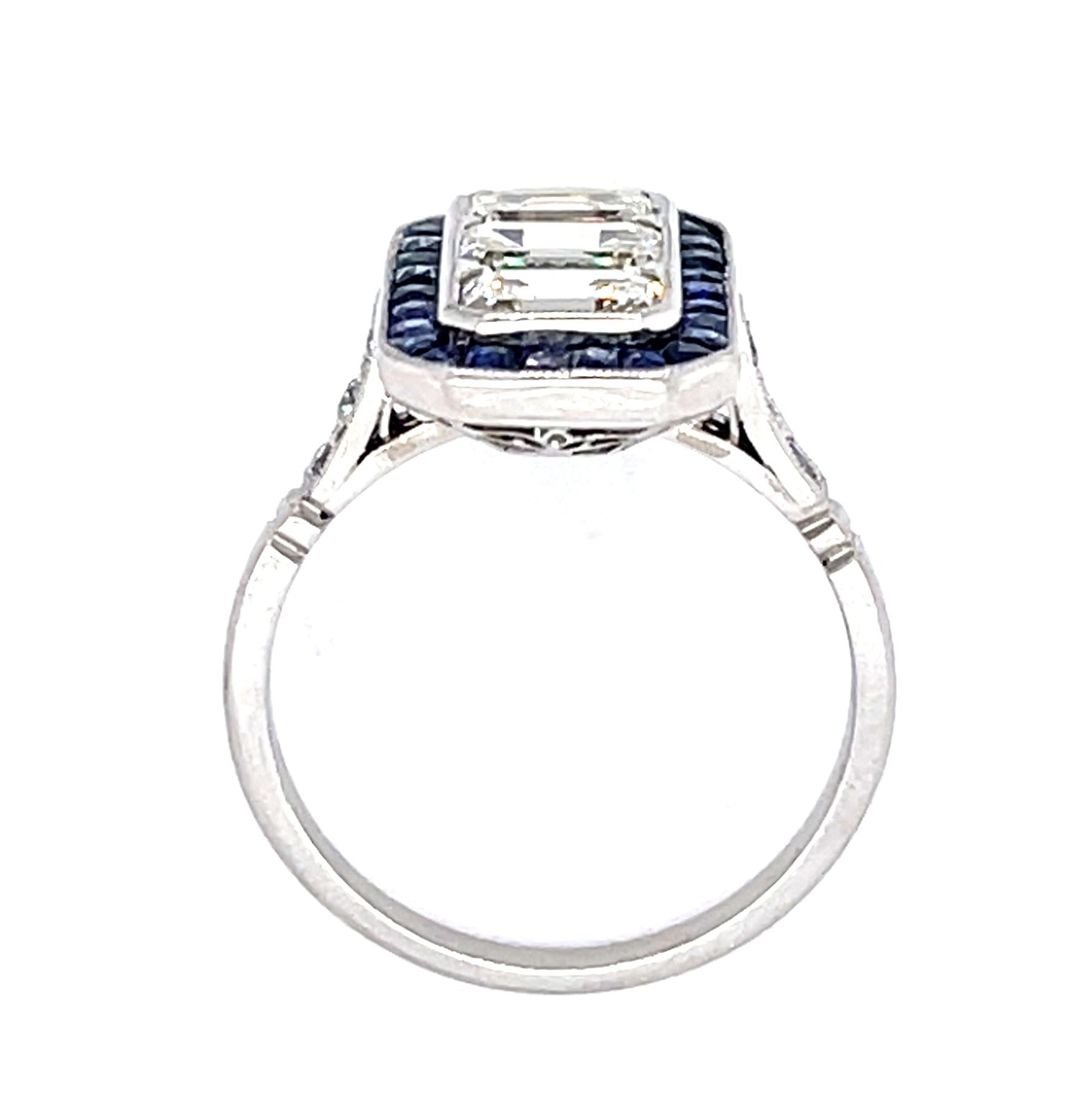 1.85ct Emerald-cut Diamonds 1ct (28 Sapphires) PT Handmade Ring .13ct SD