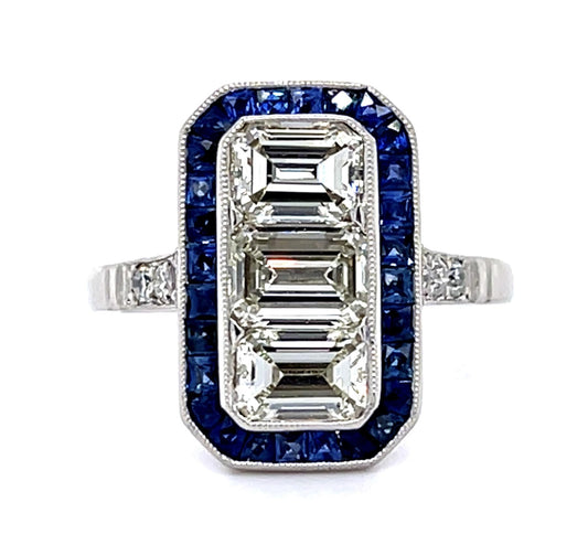 1.85ct Emerald-cut Diamonds 1ct (28 Sapphires) PT Handmade Ring .13ct SD