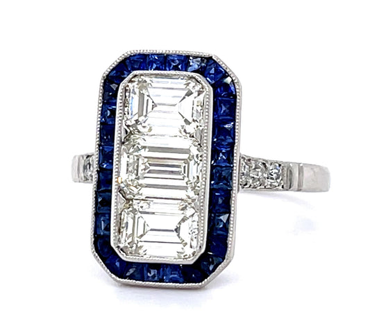 1.85ct Emerald-cut Diamonds 1ct (28 Sapphires) PT Handmade Ring .13ct SD