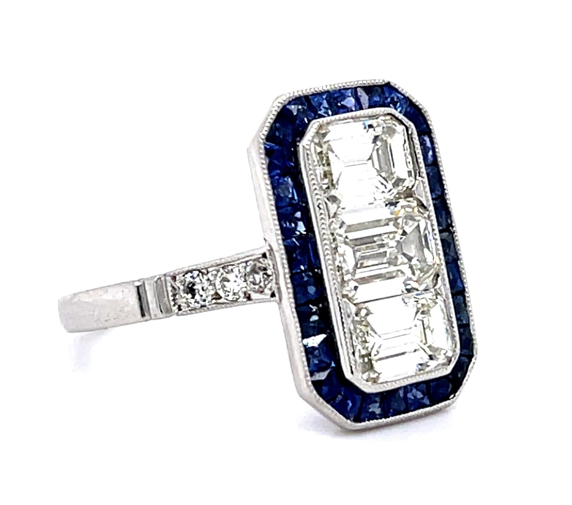 1.85ct Emerald-cut Diamonds 1ct (28 Sapphires) PT Handmade Ring .13ct SD