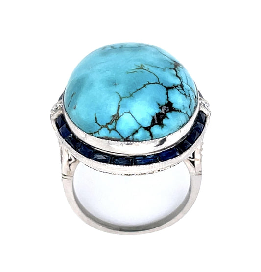 30.18ct Turquoise 3.67ct Sapphire .33ct Diamond PT Handmade Ring