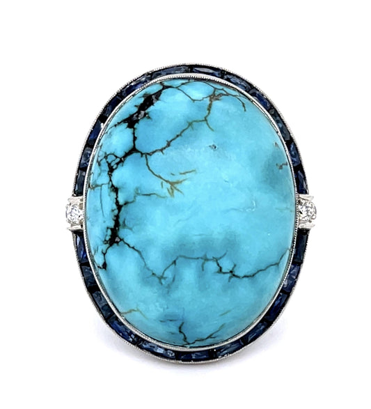 30.18ct Turquoise 3.67ct Sapphire .33ct Diamond PT Handmade Ring