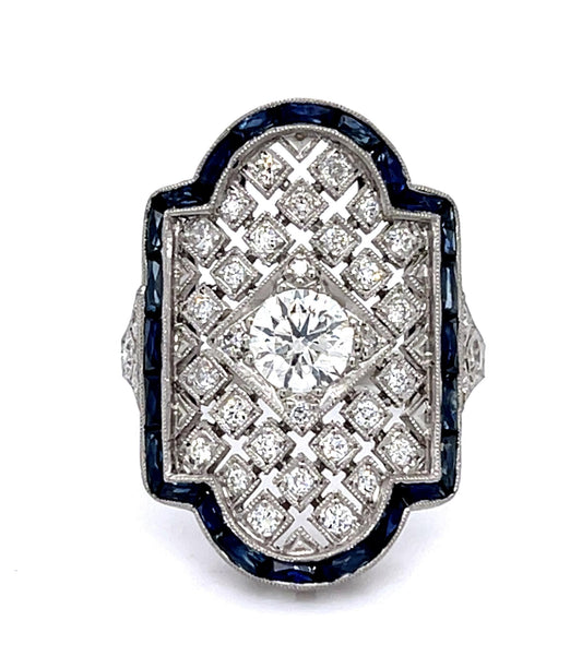 .56ct Old European Diamond 2.70ct Sapphire PT Handmade Ring .53ct SD