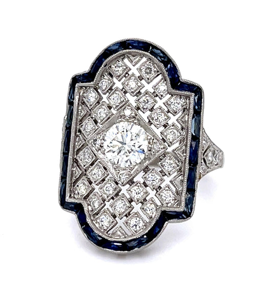 .56ct Old European Diamond 2.70ct Sapphire PT Handmade Ring .53ct SD