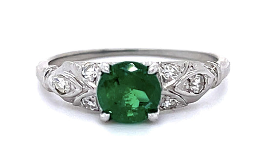 Art Deco .70ct Emerald .14ct Diamond 18KW Ring
