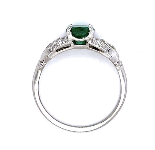 Art Deco .70ct Emerald .14ct Diamond 18KW Ring