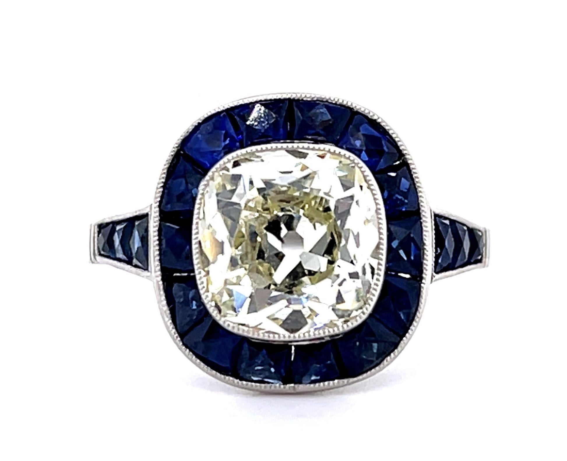 3.01ct Old European Center Diamond 2.45ct Sapphire PT Handmade Ring