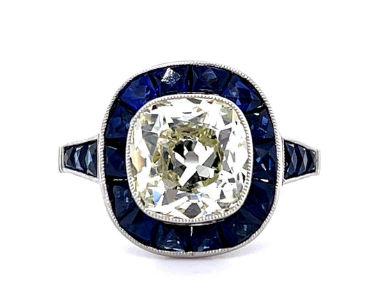 3.01ct Old European Center Diamond 2.45ct Sapphire PT Handmade Ring