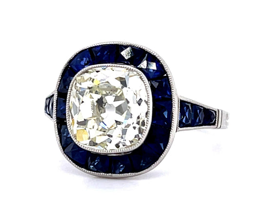 3.01ct Old European Center Diamond 2.45ct Sapphire PT Handmade Ring